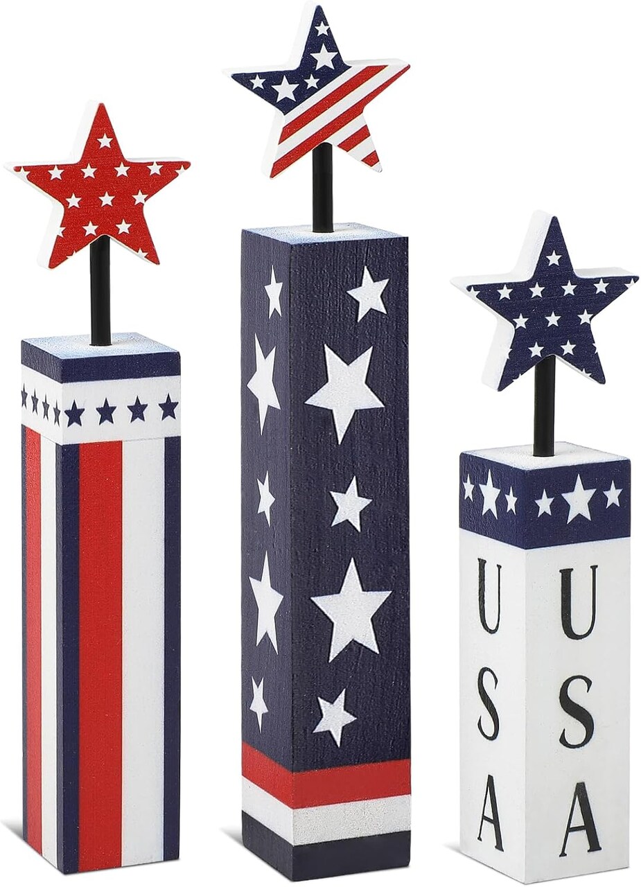 4th of July Decorations Set, Red White Blue Decor, Wooden Patriotic Memorial Day Tiered Tray Decor, Labor Day Decorations, Fourth of July Decoration for Home Office Table (Flag Printed)